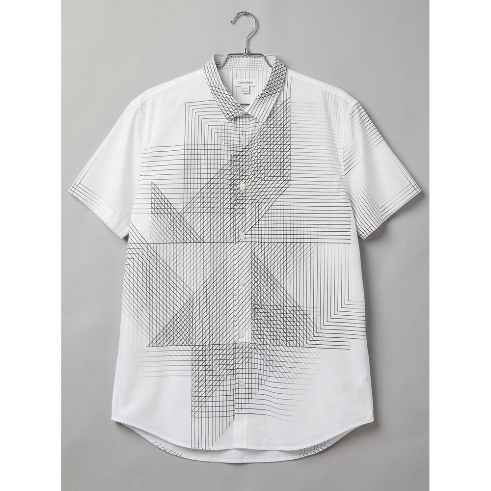Calvin Klein Mens White Black Geometric Grid Graphic Short Sleeve Button DownXXL